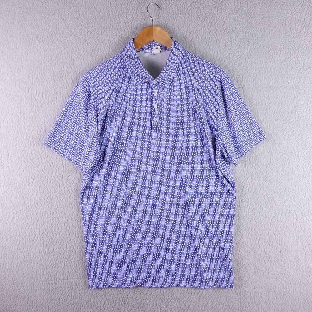 State & Liberty Mens Performance Golf Polo Shirt Blue White Geometric XL